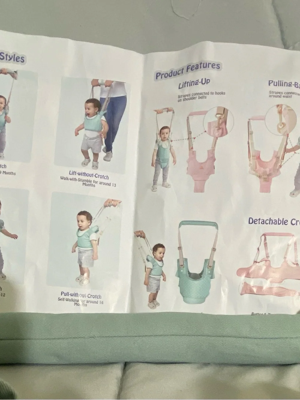NWT Happy Walk 4-in-1 Baby Walking Harness Assistant Mint Green Tan